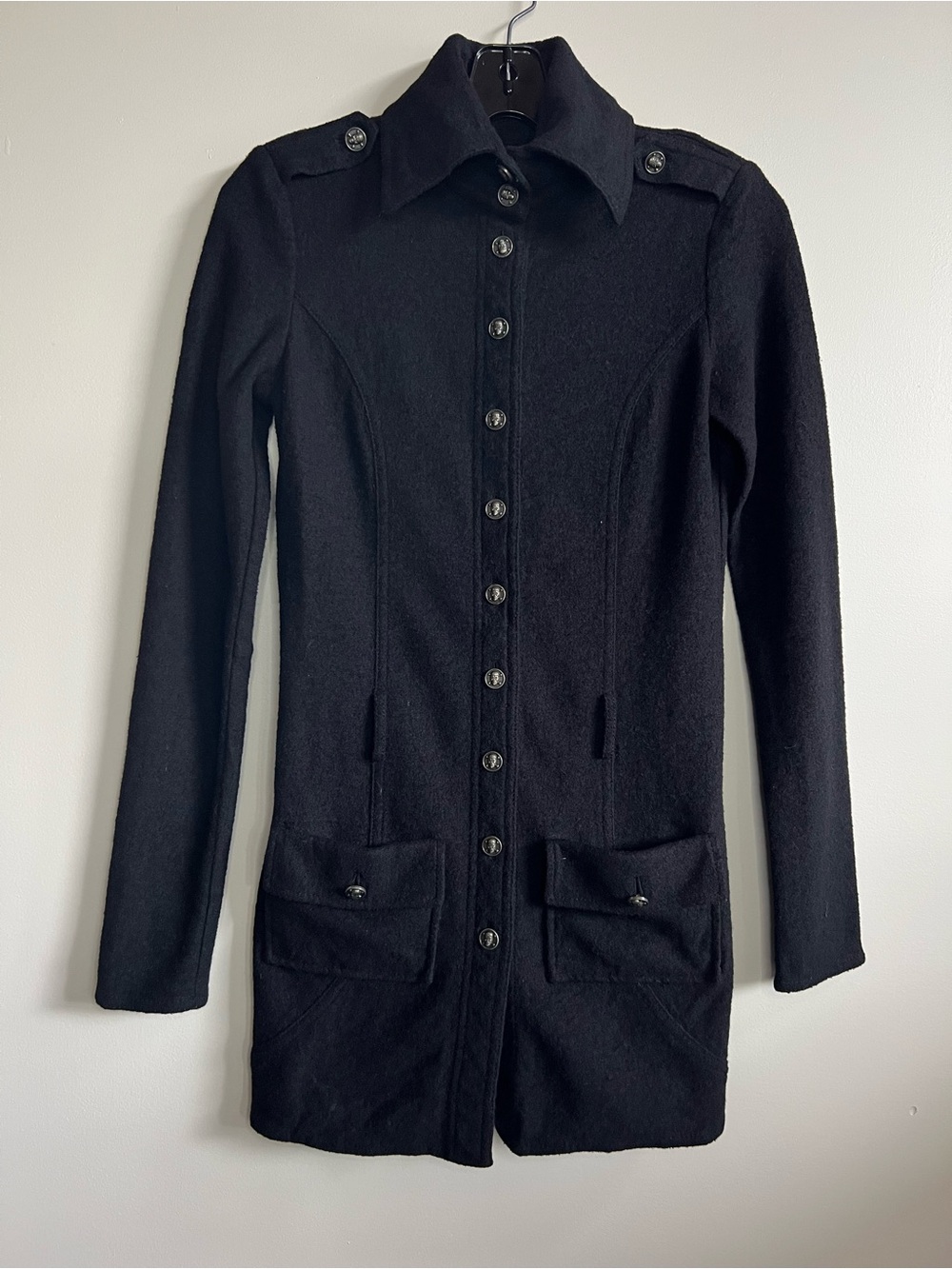 Amass Long Cardigan Sweater Coat Silver Skull Button Front Knit Women’s Size 3